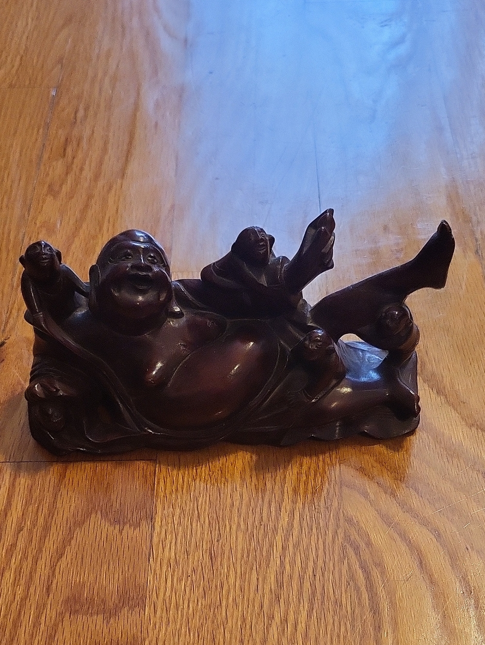 Handcrafted Brown Laughing Buddha Wood Sculpture for Home Décor
